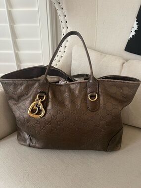Authentic Gucci Heart Bit Tote in Metallic Bronze/Dark Brown Guccissima Leather